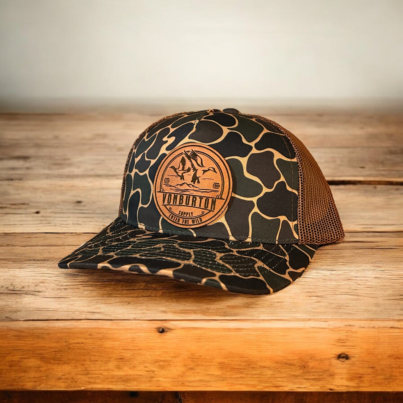 Duck Camo Five Panel Leather Patch Hat Valley Creeper Camo Hat Von Burton Supply
