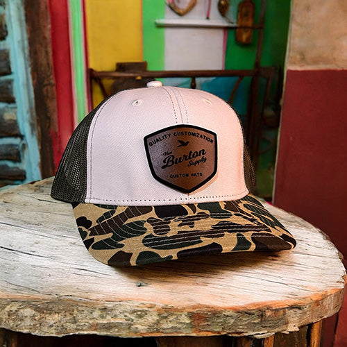 Custom Vintage Duck Camo 6 Panel Leather Patch Hat Aspen Camo Hat Von Burton Supply