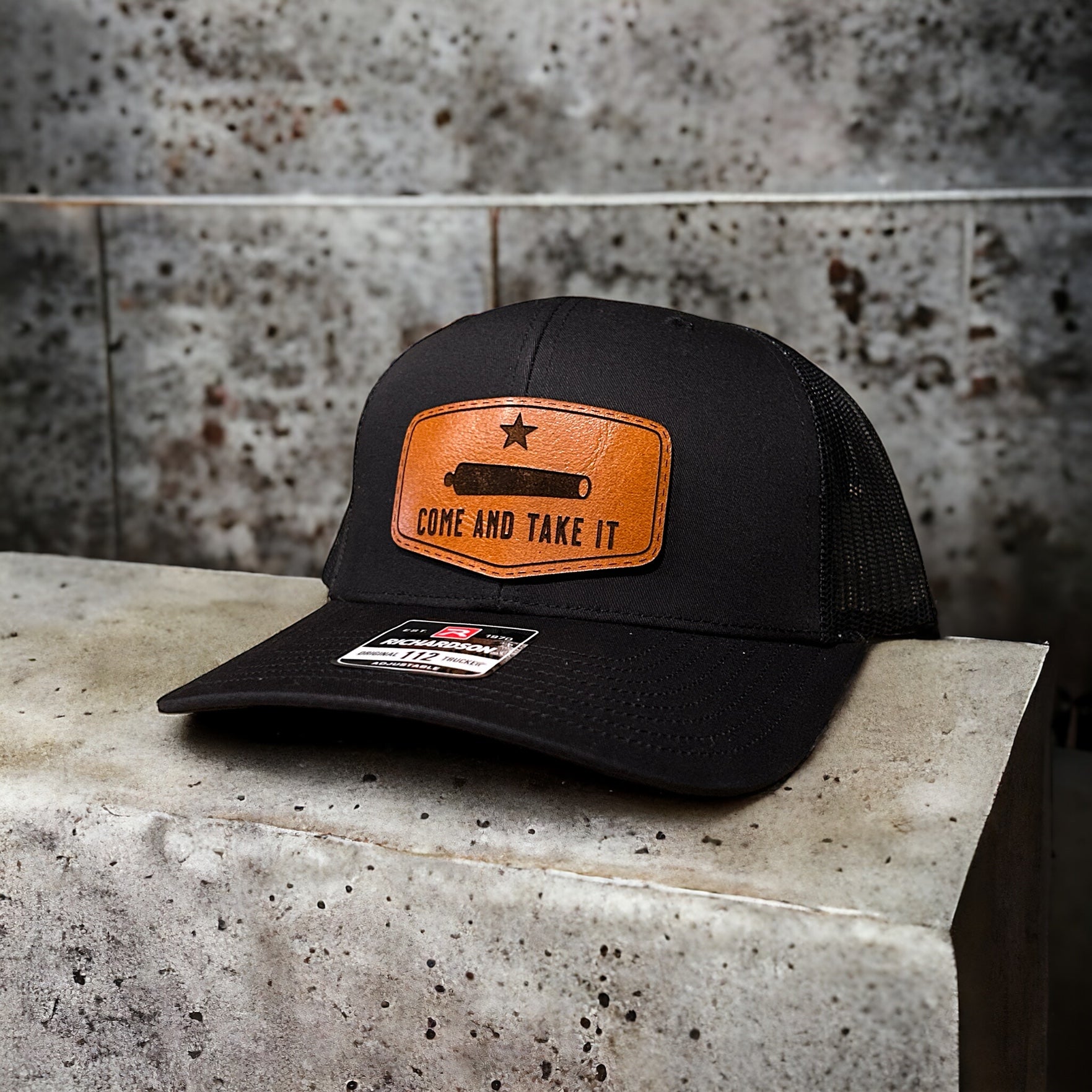 Texas Come and Take It Leather Patch Hats Texas Leather Patch Hats Von Burton Supply Rust on Black/Charcoal