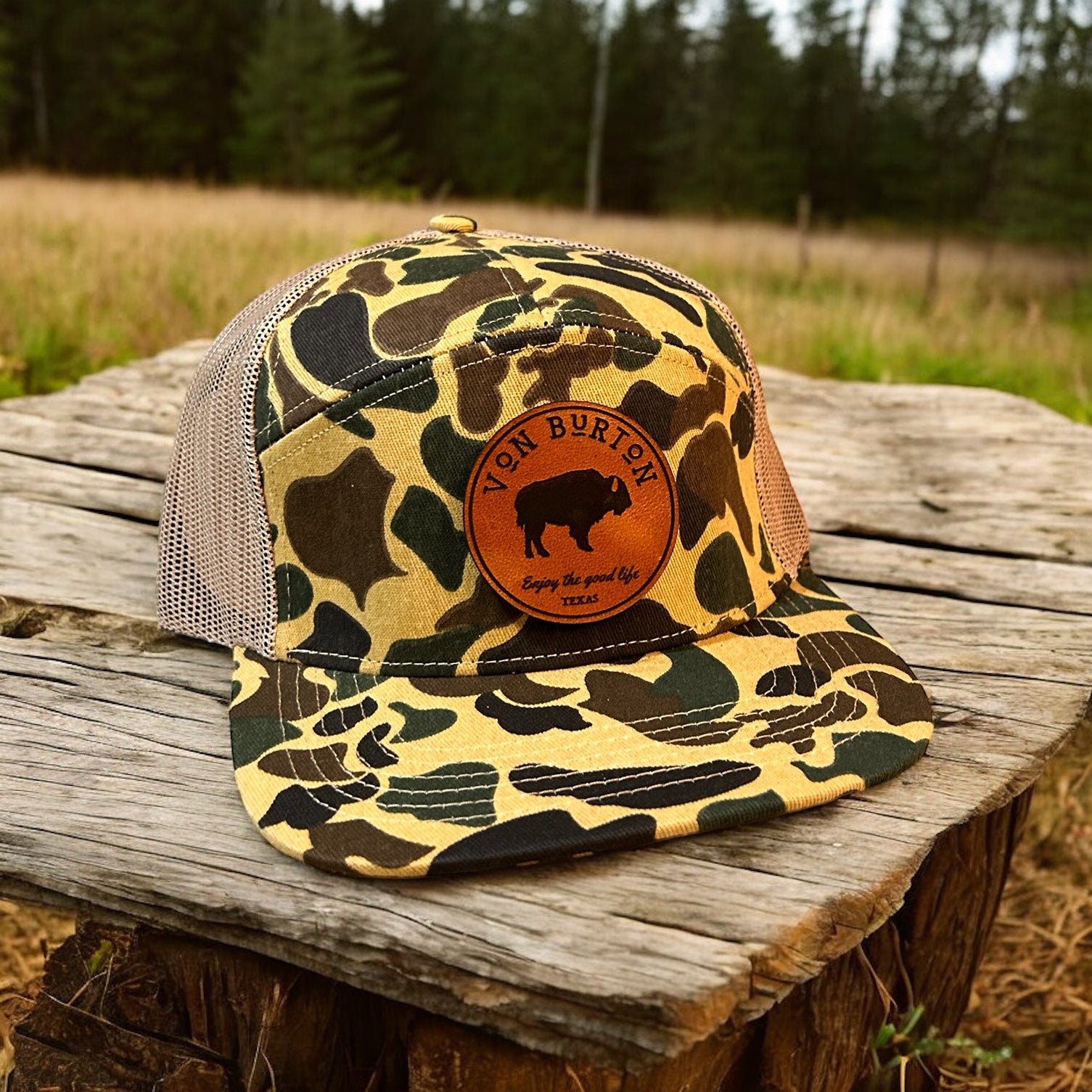 Custom Duck Camo 7 Panel Leather Patch Hat Aspen Hat Von Burton Supply