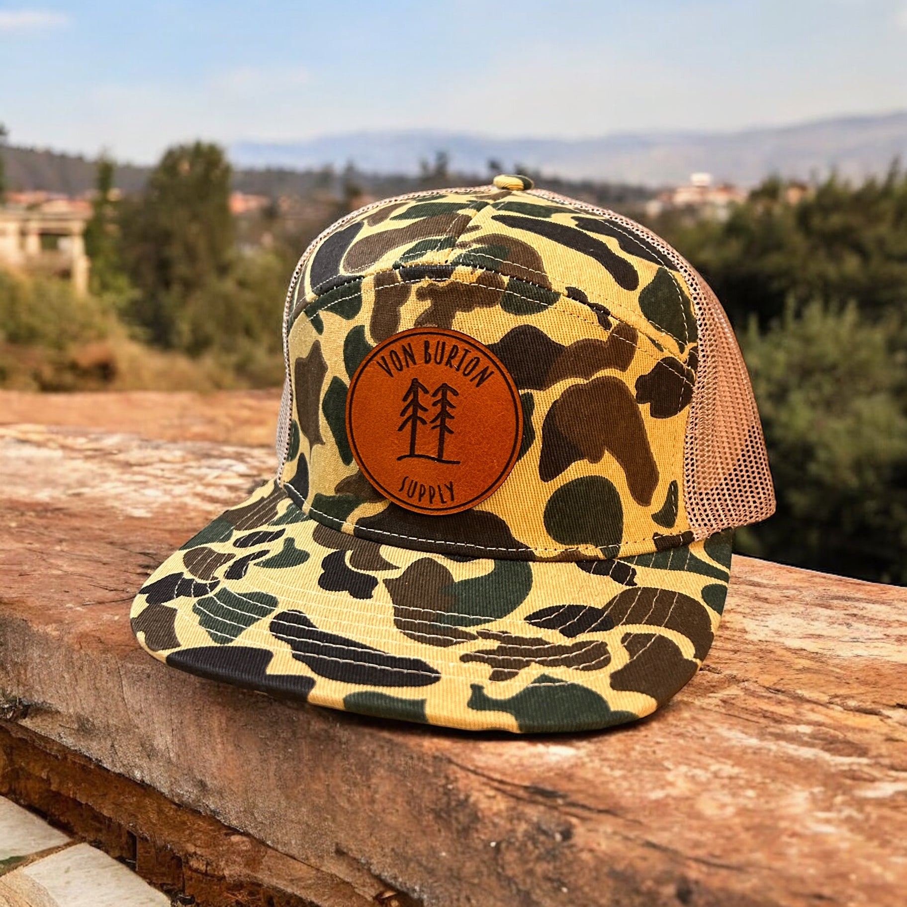 Custom Duck Camo 7 Panel Leather Patch Hat Aspen Hat Von Burton Supply