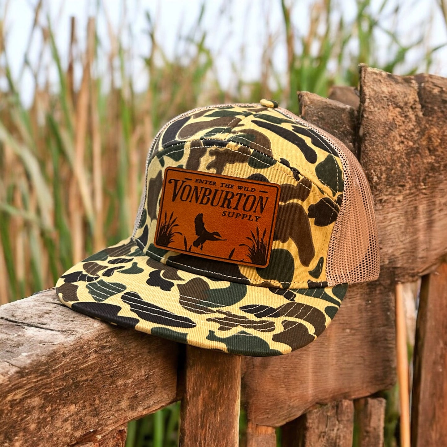 Custom Duck Camo 7 Panel Leather Patch Hat Aspen Hat Von Burton Supply