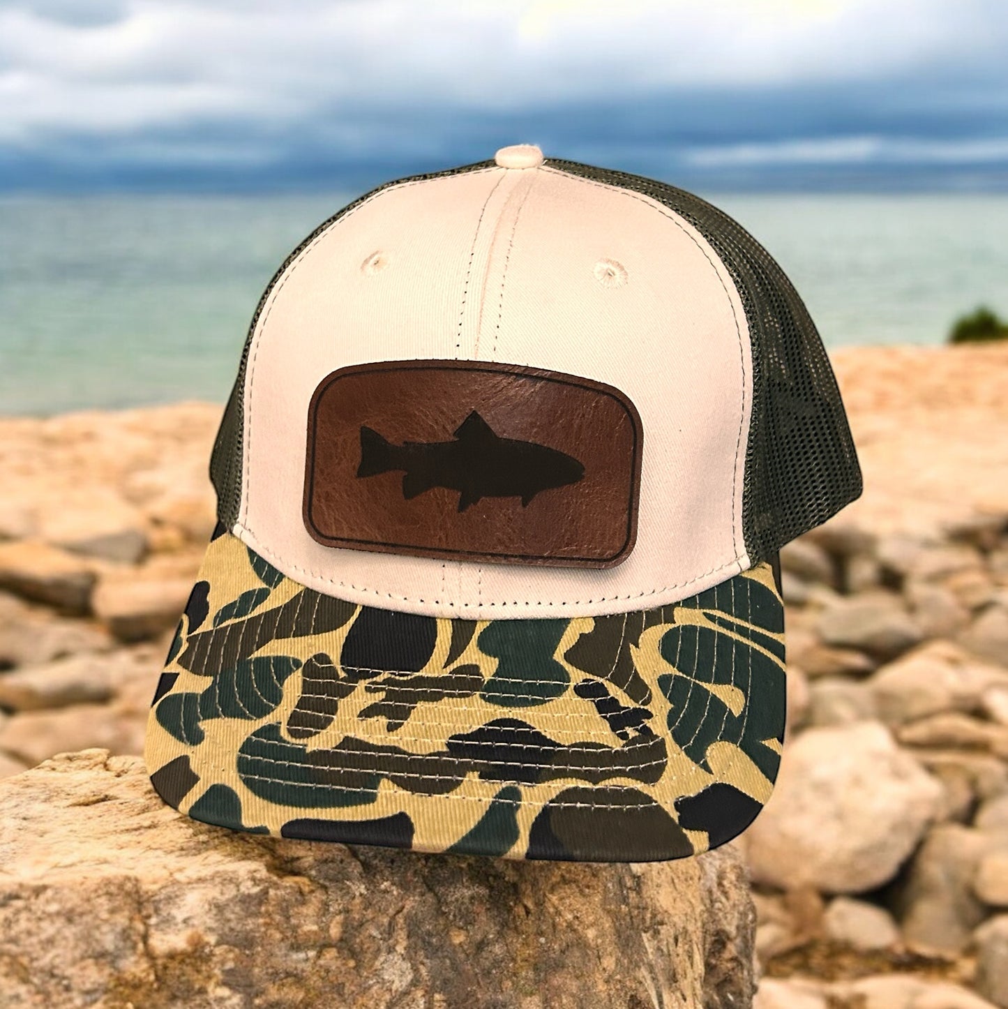 Custom Vintage Duck Camo 6 Panel Leather Patch Hat Aspen Camo Hat Von Burton Supply