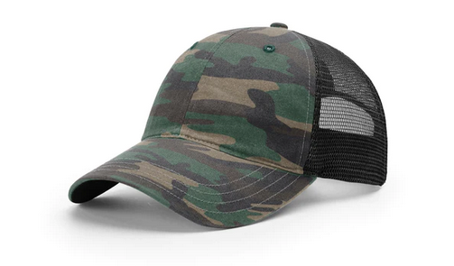 Richardson 111 P Leather Patch Trucker Hat Von Burton Supply Co. Green Camo/Black