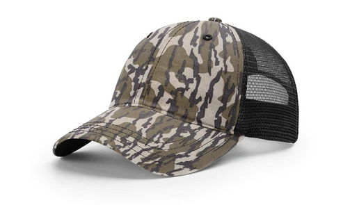 Richardson 111 P Leather Patch Trucker Hat Von Burton Supply Co. Mossy Oak Bottom Land/Black