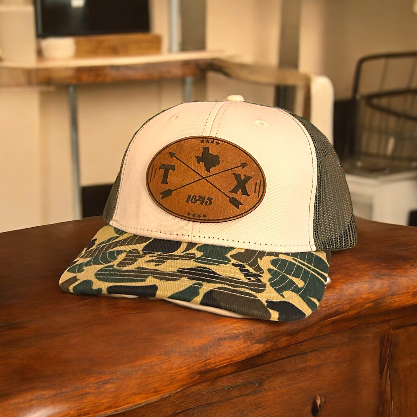 Custom Vintage Duck Camo 6 Panel Leather Patch Hat Aspen Camo Hat Von Burton Supply
