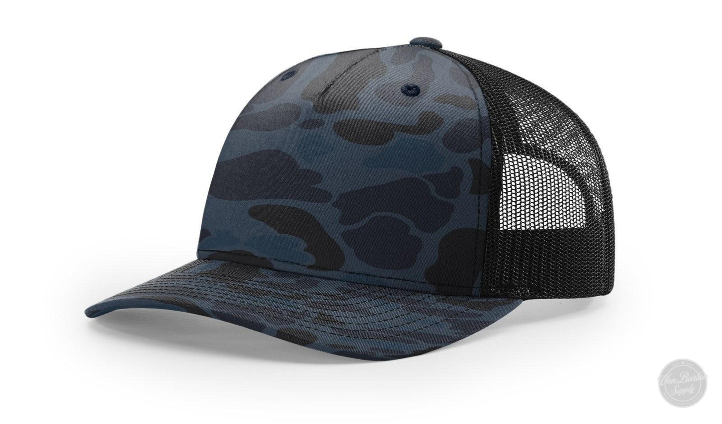 Richardson 112 PFP Duck Camo Leather Patch Hat Camo Hat Richardson Admiral/Black Duck Camo