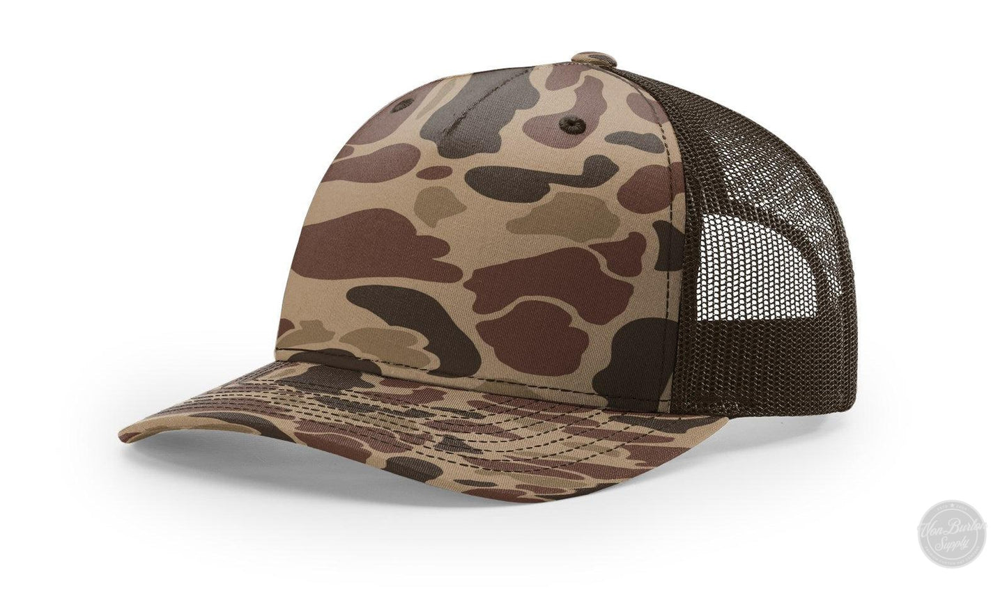 Richardson 112 PFP Duck Camo Leather Patch Hat Camo Hat Richardson Bark/Dark Brown Duck Camo
