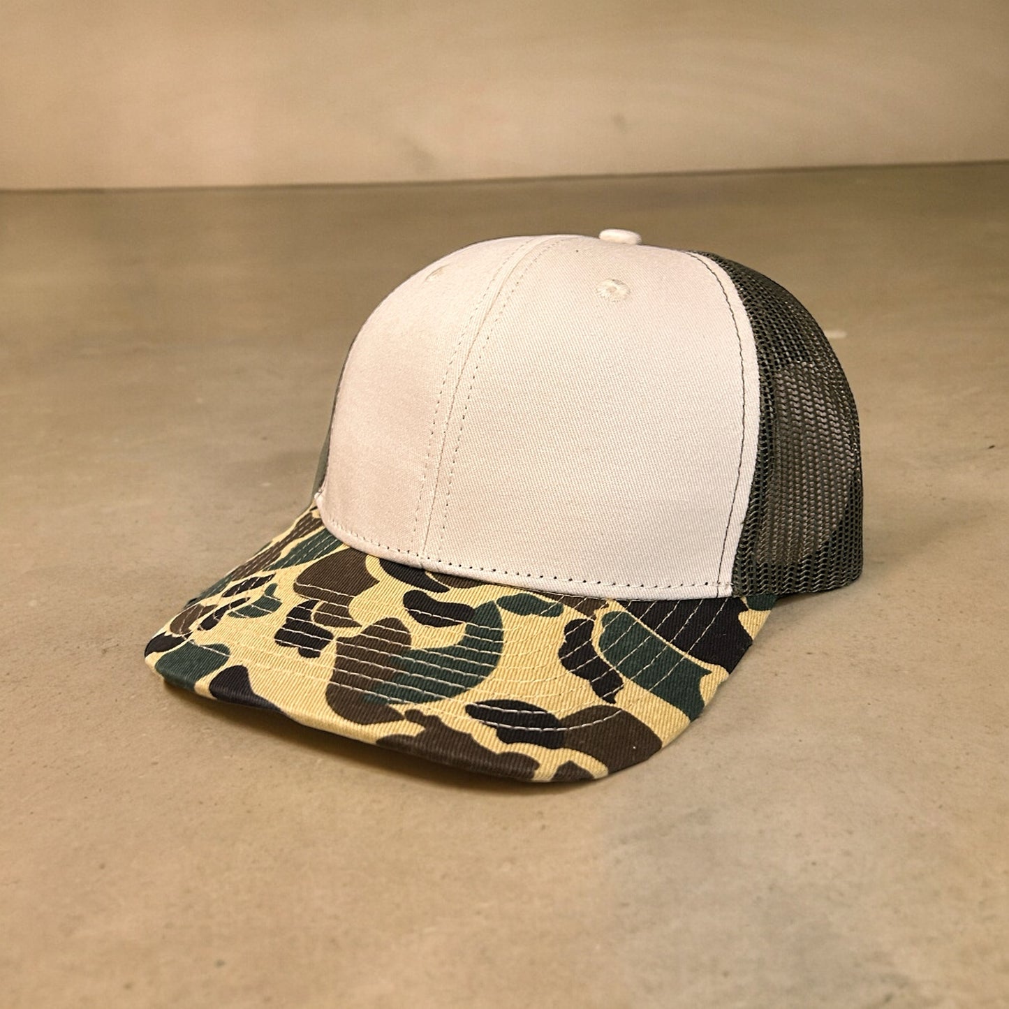 Custom Vintage Duck Camo 6 Panel Leather Patch Hat Aspen Camo Hat Von Burton Supply