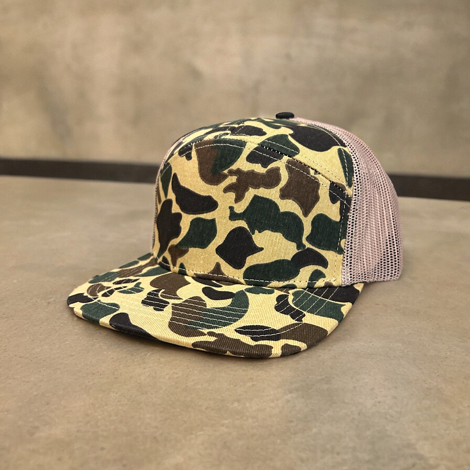 Custom Duck Camo 7 Panel Leather Patch Hat Aspen Hat Von Burton Supply
