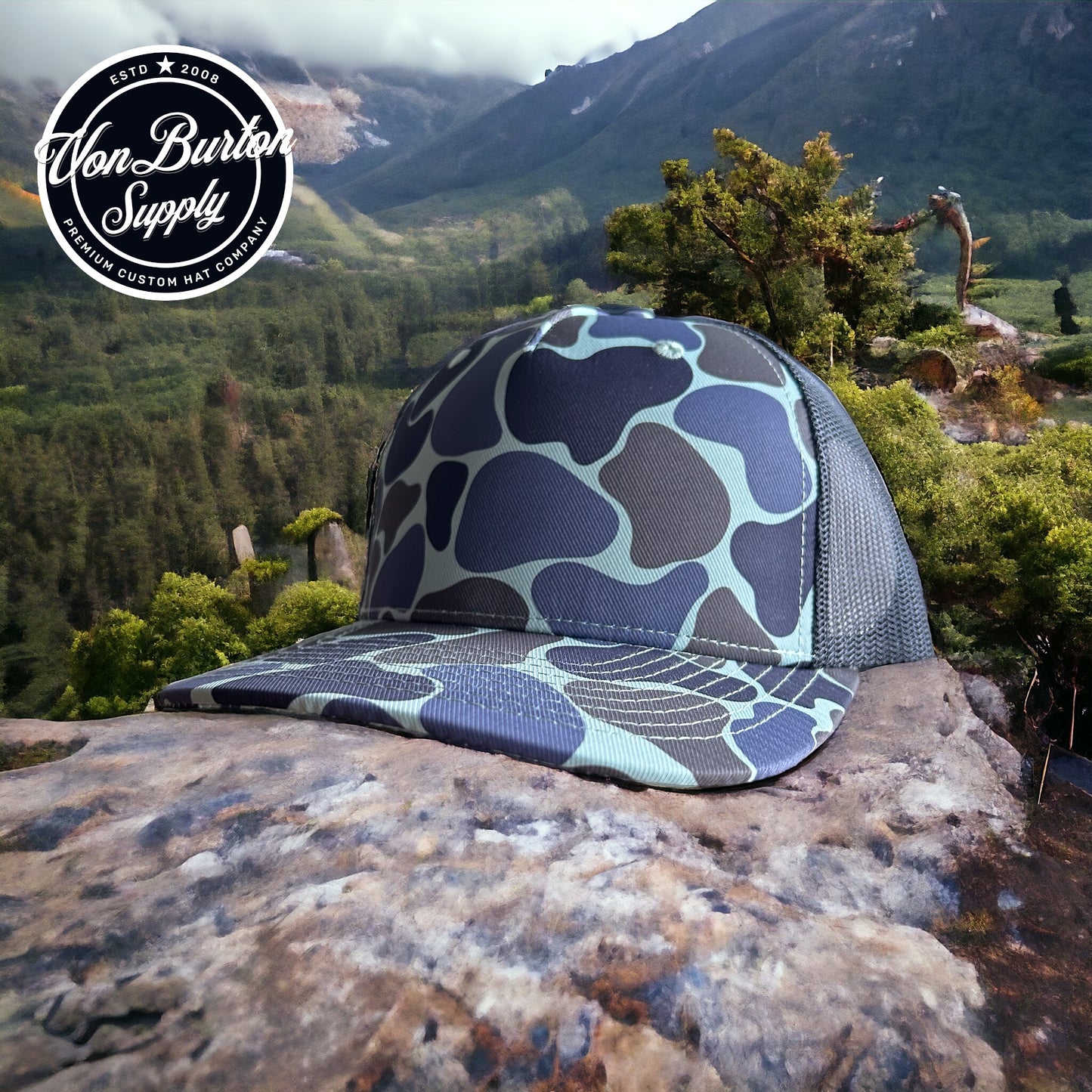 leather patch hats, custom patch hats, custom leather patch hats, vintage blue rock duck camo five panel leather patch trucker hat, duck camo five panel trucker hat, custom camo patch hat, leather patch trucker hat, richardson 112 pfp duck camo patch hat