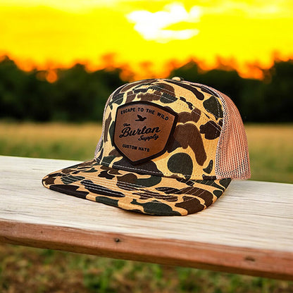 Custom Duck Camo 7 Panel Leather Patch Hat Aspen Hat Von Burton Supply   