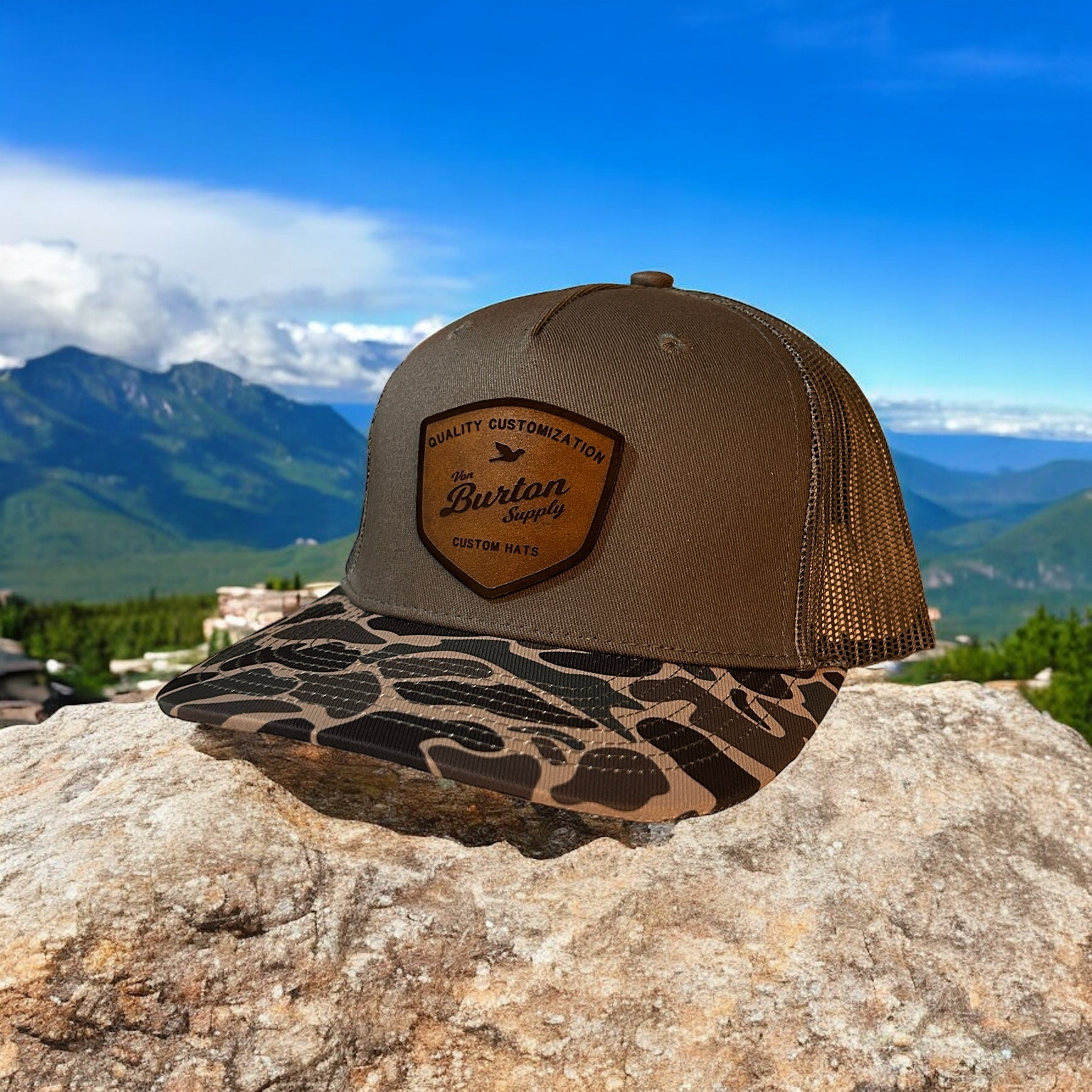 Custom Duck Camo Leather Patch Trucker Hat Cascade Camo Hat Von Burton Supply   