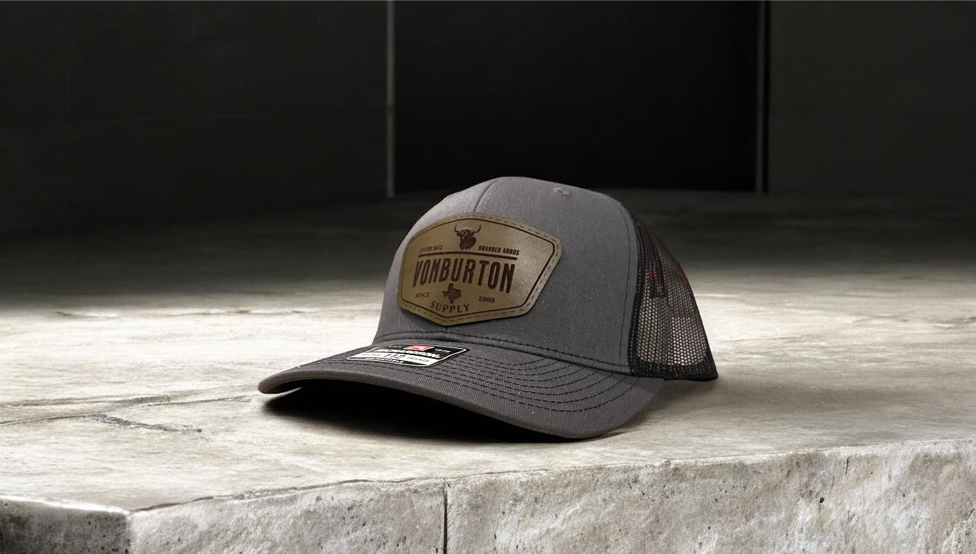 custom leather patch hats, richardson 112 leather patch hats, custom richardson hats and custom tumblers