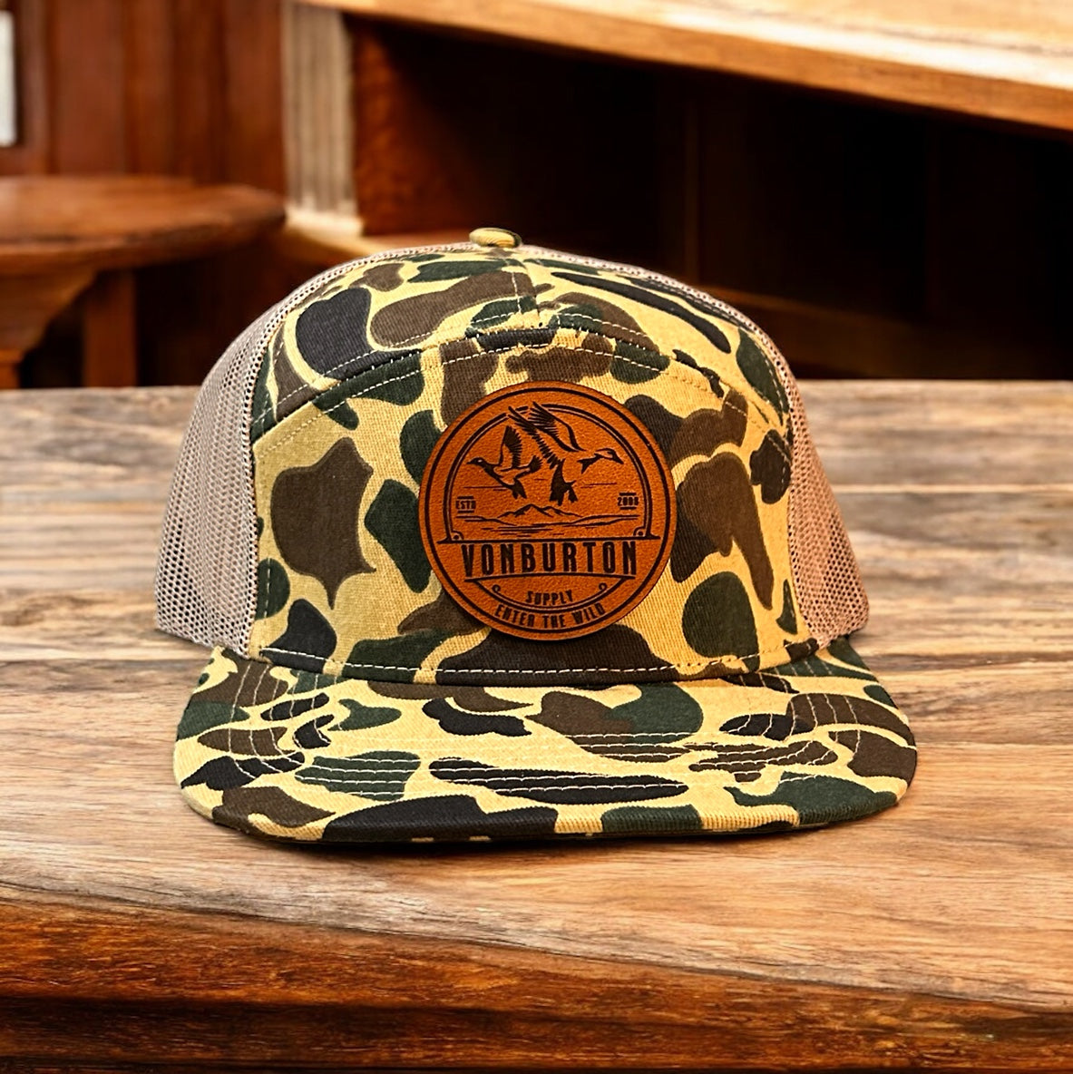 Custom Duck Camo 7 Panel Leather Patch Hat Aspen Hat Von Burton Supply   