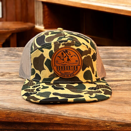 Custom Duck Camo 7 Panel Leather Patch Hat Aspen Hat Von Burton Supply   