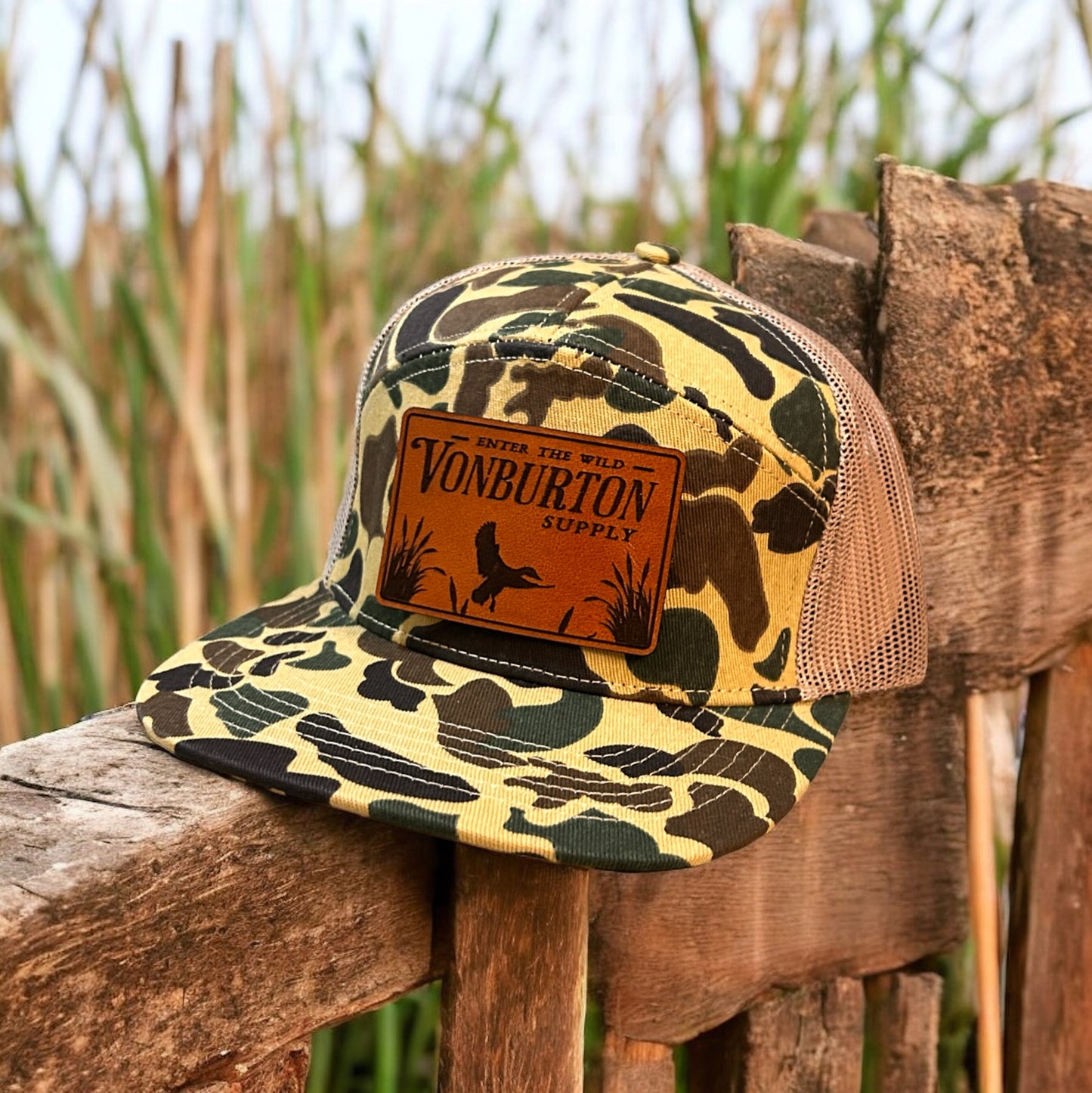 Custom Duck Camo 7 Panel Leather Patch Hat Aspen Hat Von Burton Supply   