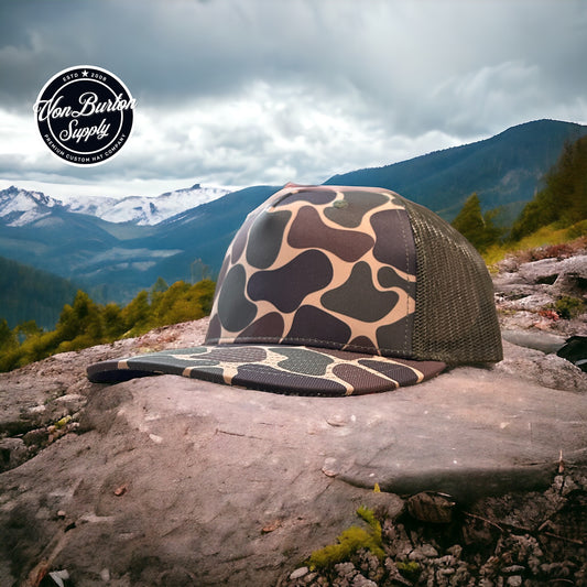 old school Rocky Mountain Creeper Duck Camo Brown Five Panel Leather Patch Trucker Hat, camo hat, duck camo hat