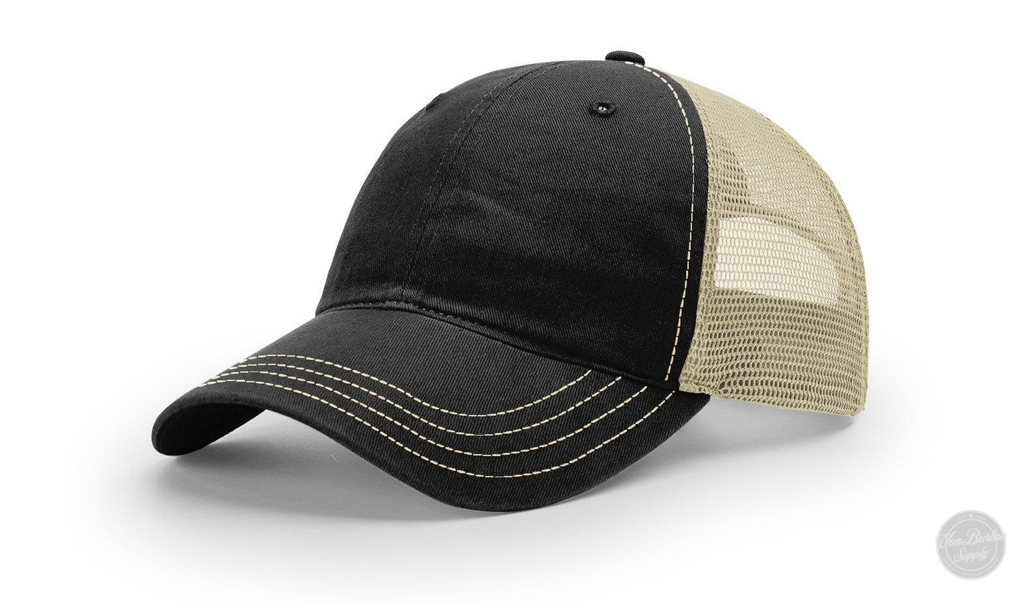 Richardson 111 Garment Washed Leather Patch Trucker Hat-Von Burton Supply-Black/Khaki-Richardson 111 Garment Washed Custom Leather Patch Trucker Hat-Von Burton Supply Co.