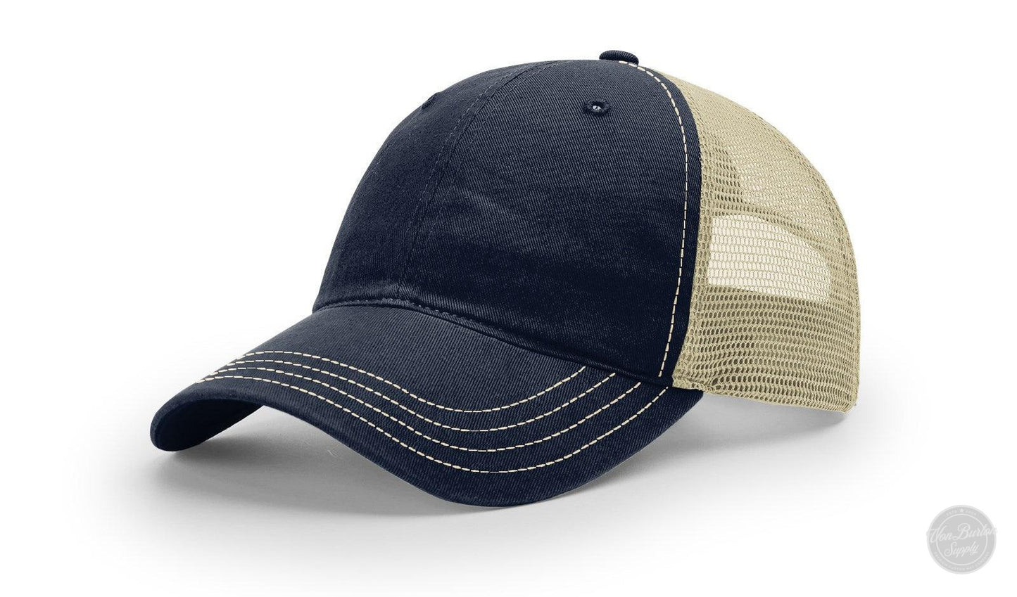 Richardson 111 Garment Washed Leather Patch Trucker Hat-Von Burton Supply-Navy/Khaki-Richardson 111 Garment Washed Custom Leather Patch Trucker Hat-Von Burton Supply Co.