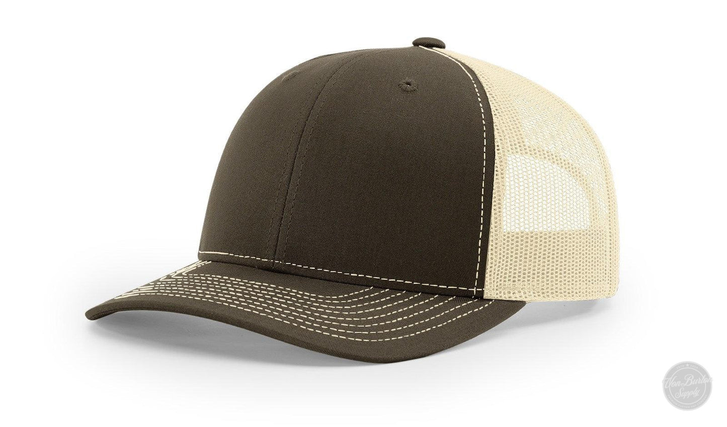 Richardson 112 Custom Leather Patch Trucker Hat-Von Burton Supply Co., Leather hat patches, custom hats, custom caps, custom patch hats, custom leather patch hats, leather patch hats, custom leather patch hats, custom leather patch trucker hats, duck camo hats, custom leather patch hats no minimum