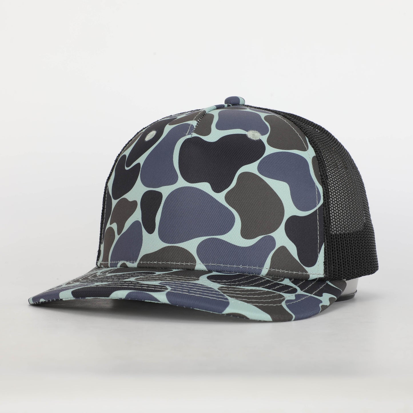 vintage blue rock duck camo five panel leather patch trucker hat, duck camo five panel trucker hat, custom camo patch hat, leather patch trucker hat, richardson 112 pfp duck camo patch hat