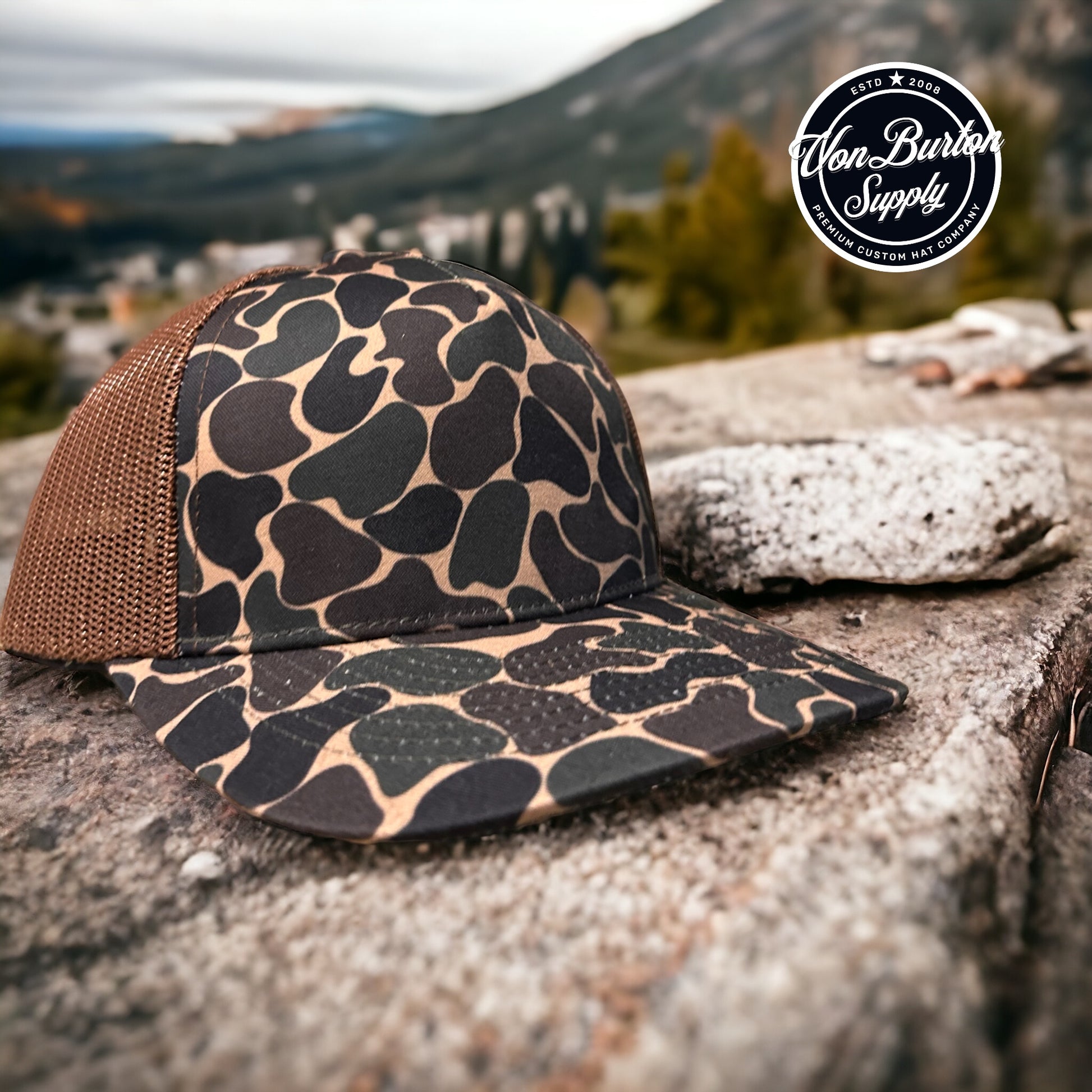 Old School Rocky Mountain Creeper Brown Duck Camo Trucker Hat Leather Patch