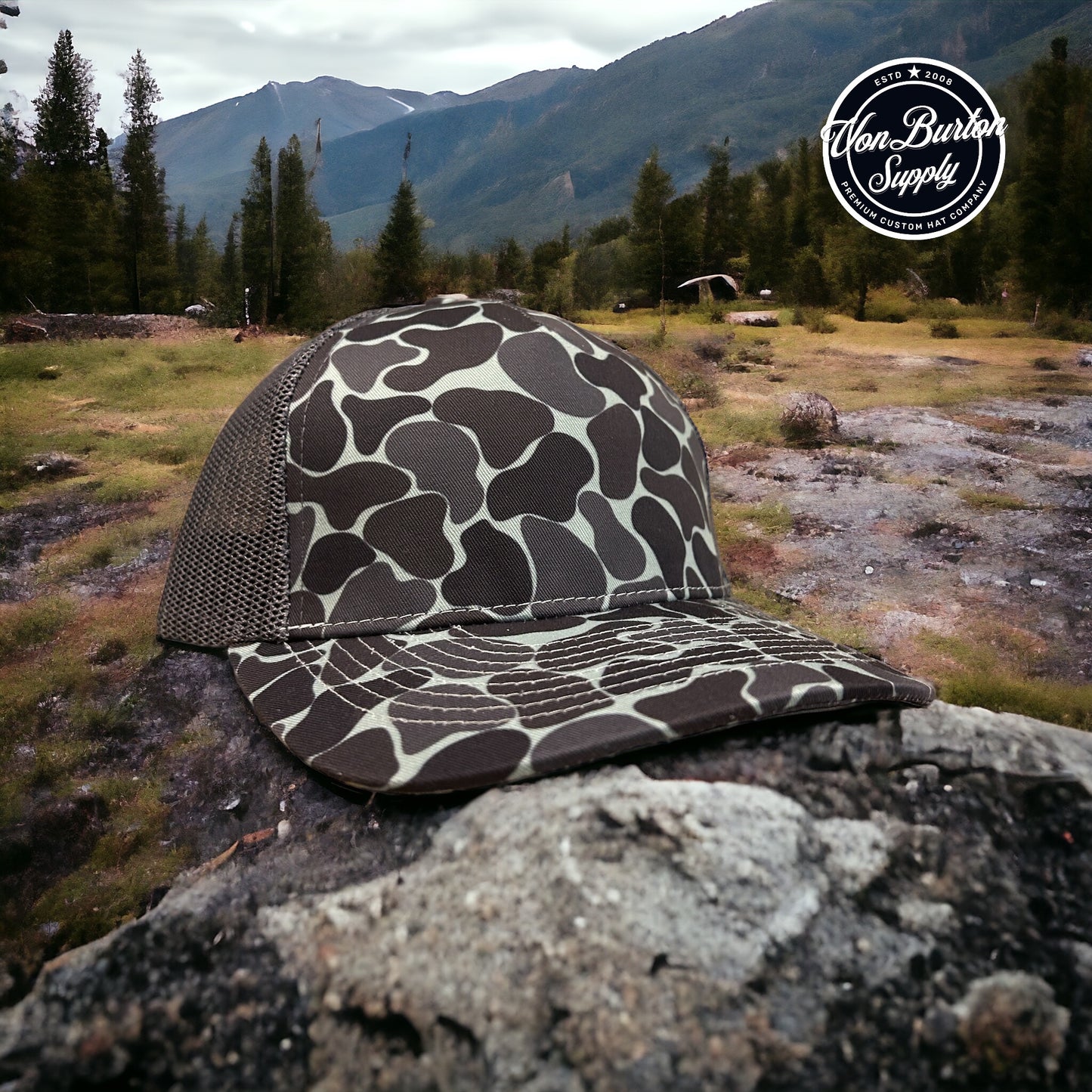 duck camo hats, leather patch hats, custom leather patch hats, custom hats, custom caps, custom patch hats, custom leather patch trucker hats, custom richardson leather patch hats