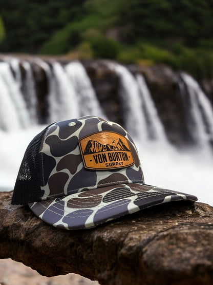 leather patch hats, custom leather patch hats, duck camo hats