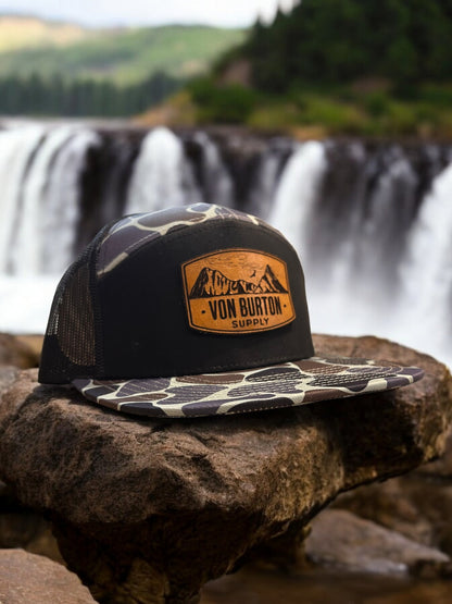 leather patch hats, custom leather patch hats, duck camo hats
