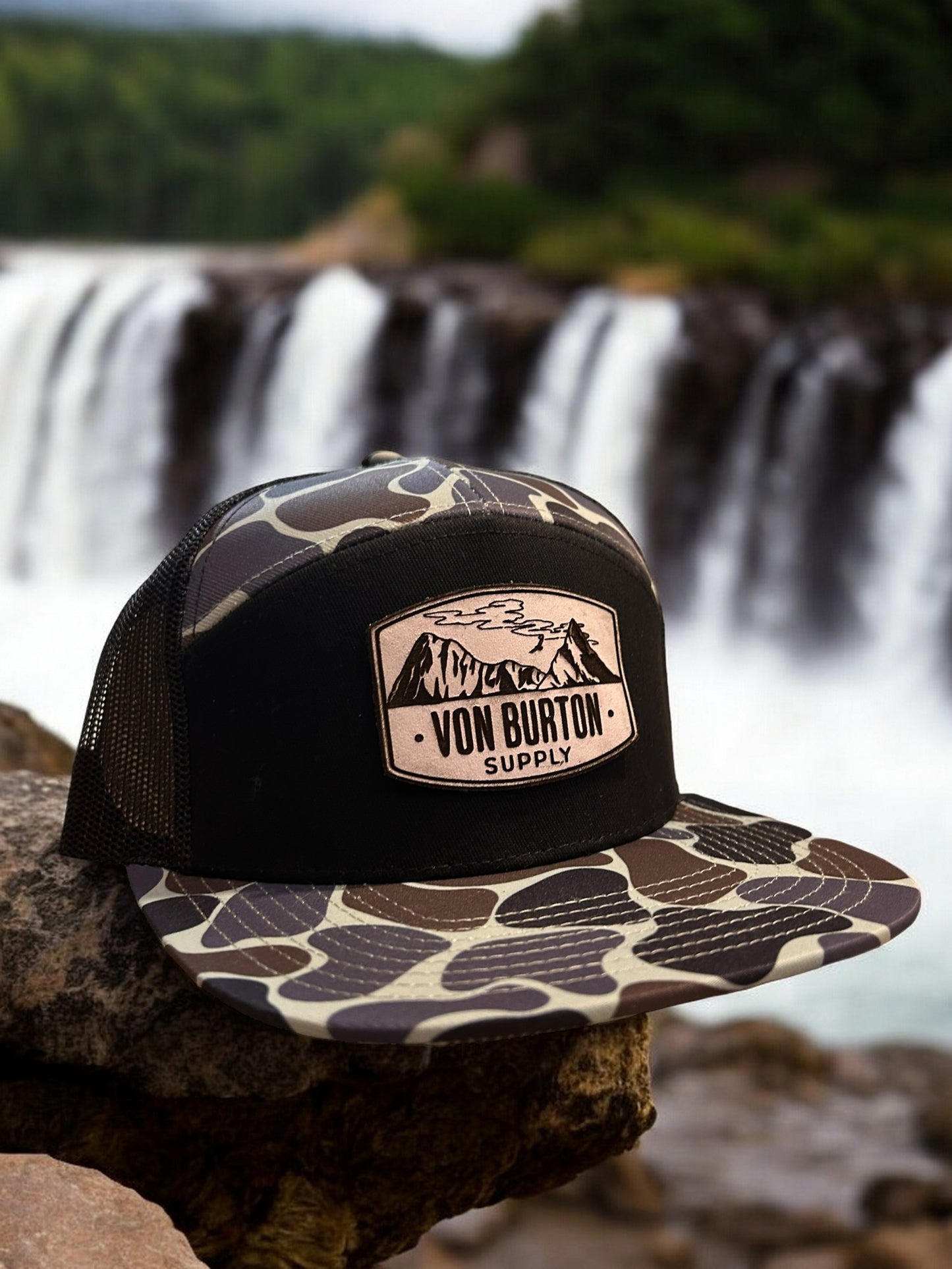 leather patch hats, custom leather patch hats, duck camo hats