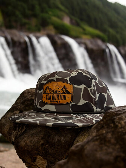 leather patch hats, custom leather patch hats, duck camo hats