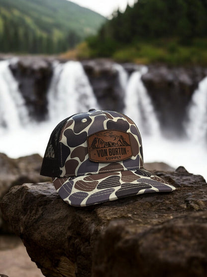leather patch hats, custom leather patch hats, duck camo hats
