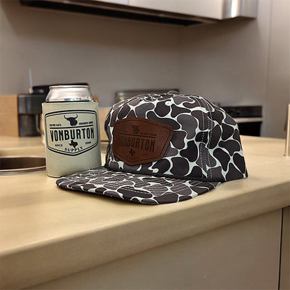 custom can coolers, custom koozies, duck camo hats, leather patch hats, custom leather patch hats