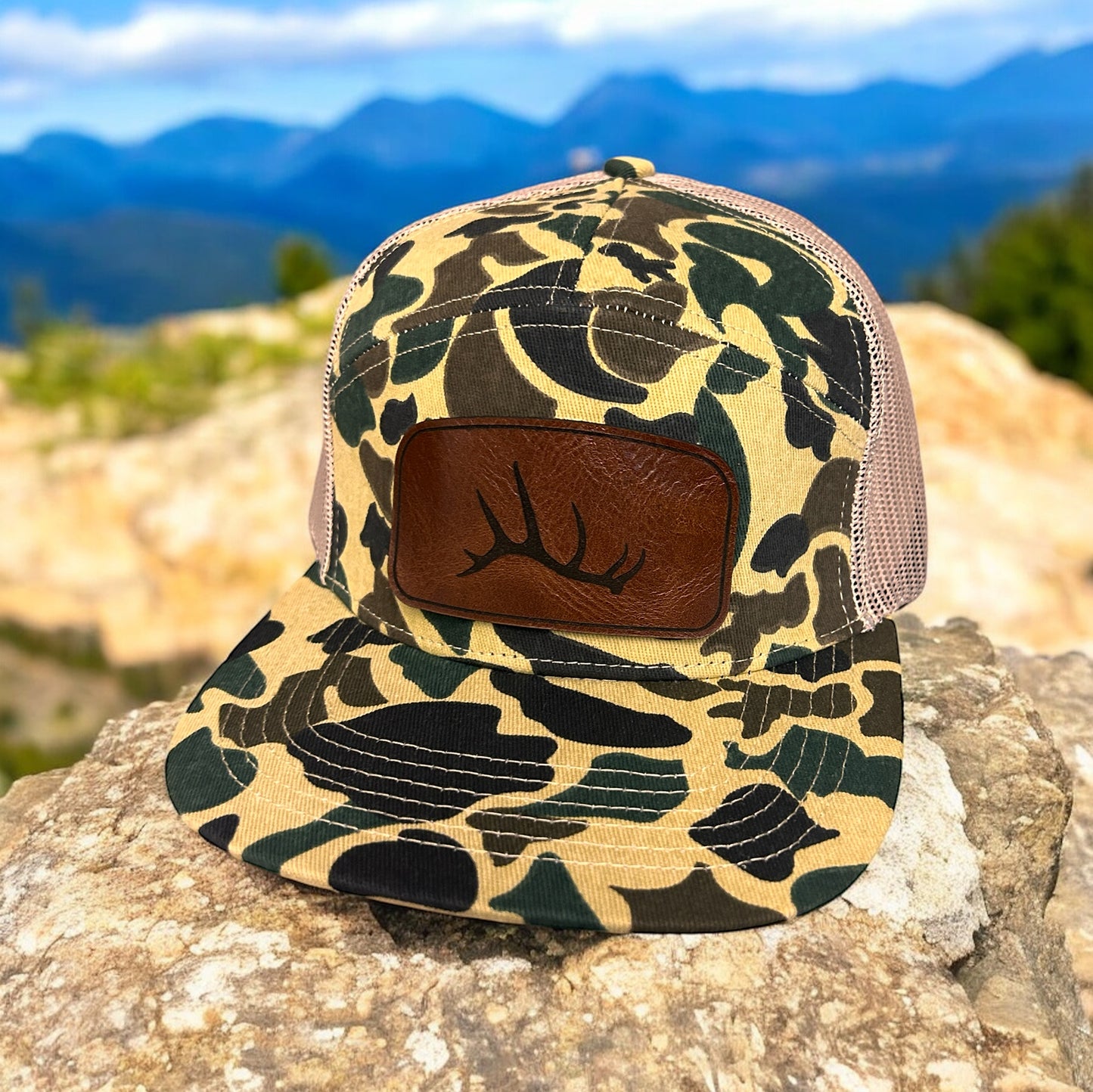 Custom Duck Camo 7 Panel Leather Patch Hat Aspen Hat Von Burton Supply   