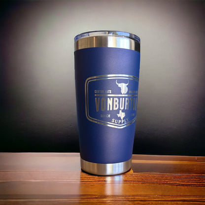 custom etched tumblers, custom engraved tumblers, personalized tumblers, leather patch hats
