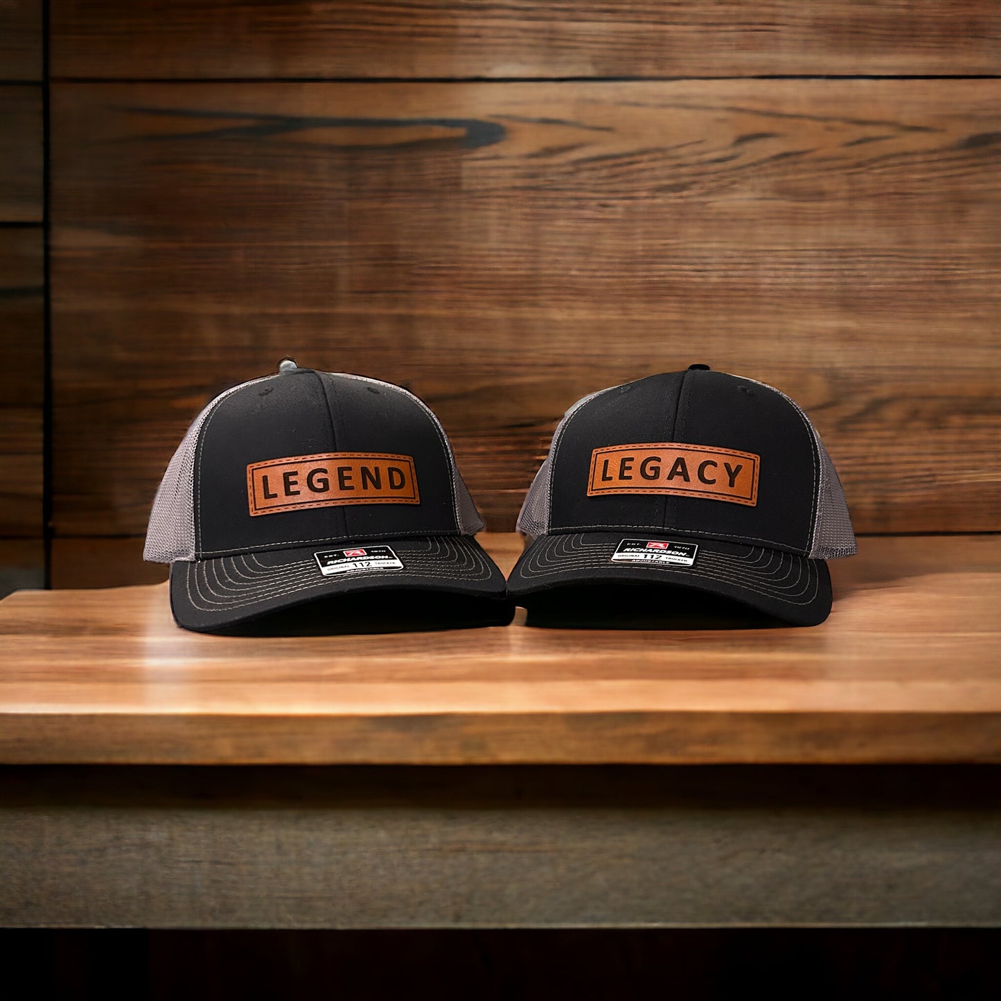 legend and legacy hats for father and son, matching hats father and son, matching legend and legacy hats for father and son, hats for dad, fathers day gifts, leather patch hats, custom leather aptch ahts, custom richardson leather patch trucker hats, custom hats, custom caps, custom fathers day hats