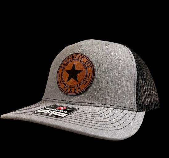 Republic of Texas Leather Patch Trucker Hat Richardson 112, Custom richardson 112 trucker hat with a texas leather patch, duck camo hats, leather patch hats, custom leather patch hats, custom hats, custom caps, custom patch hats, custom leather patch trucker hats, custom richardson leather patch hats