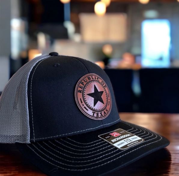 Republic of Texas Leather Patch Trucker Hat Richardson 112, Custom richardson 112 trucker hat with a texas leather patch, richardson 112 texas patch hat black and charcoal, duck camo hats, leather patch hats, custom leather patch hats, custom hats, custom caps, custom patch hats, custom leather patch trucker hats, custom richardson leather patch hats